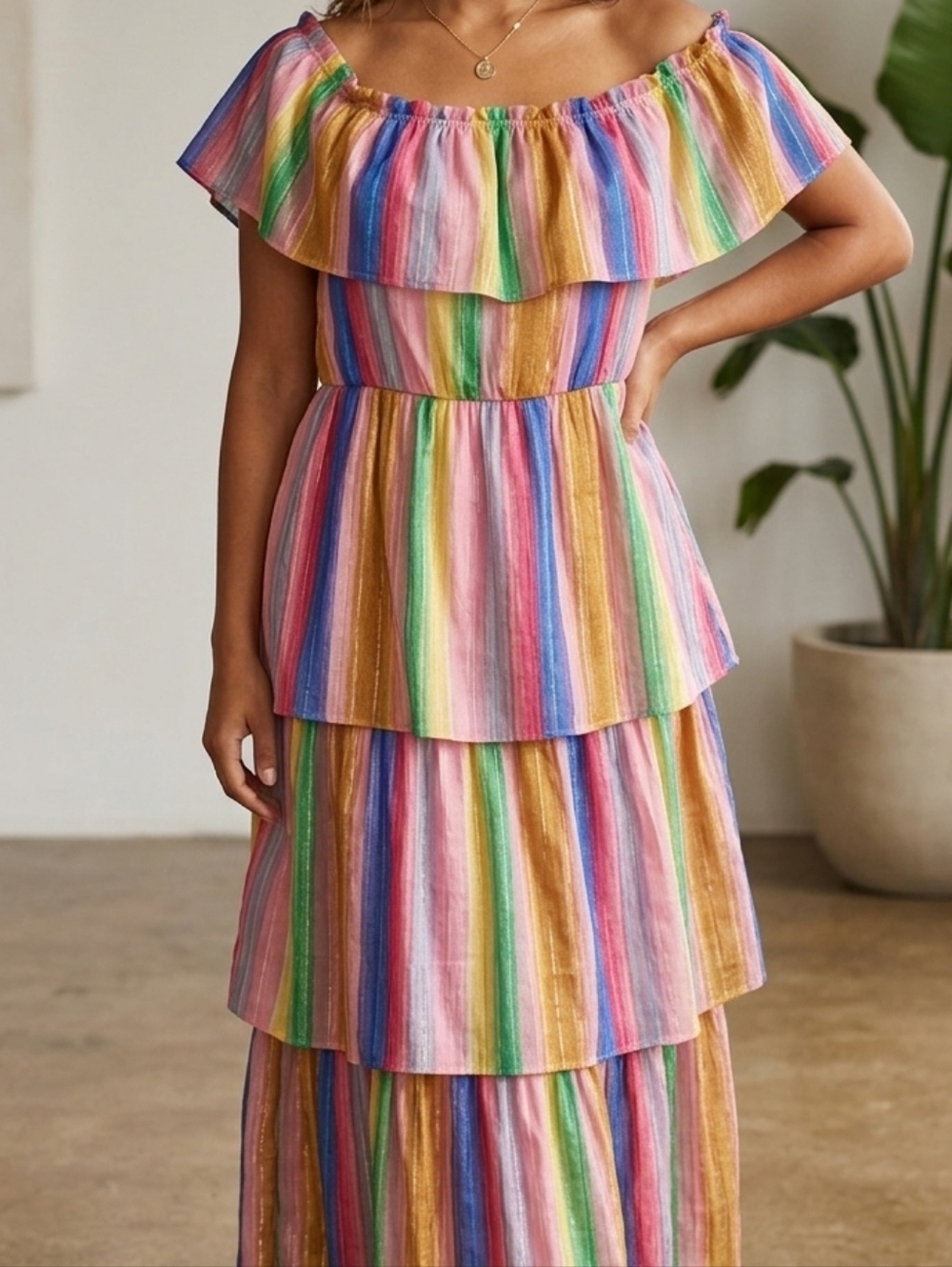 Large Like New English Factory Rainbow Multicolor Tiered Ruffle Maxi Dress